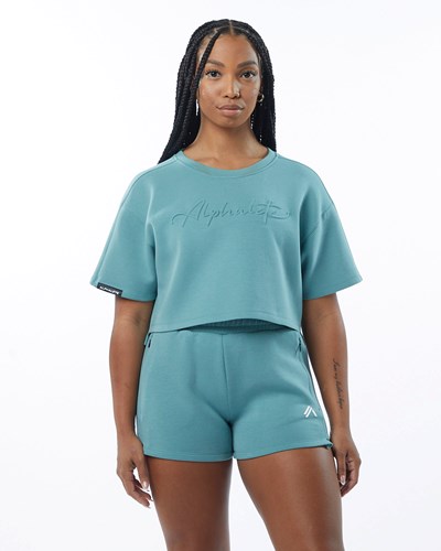 Alphalete Interlock Knit Crop Pullover Teal | BO3746528